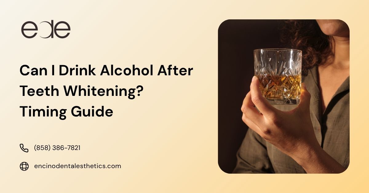 A dental health guide cover showing a glass of liquor and discussing the appropriate timing for consuming alcohol after a teeth whitening procedure.