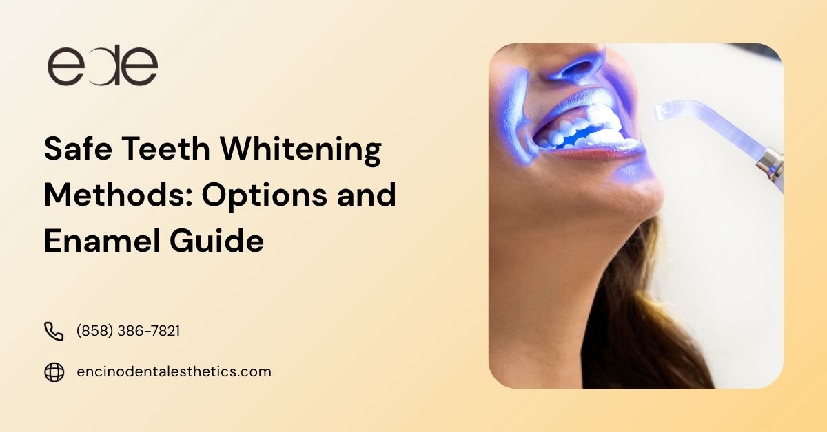 Safe teeth whitening methods and enamel guide graphic, featuring professional LED whitening technology and dental office contact details.