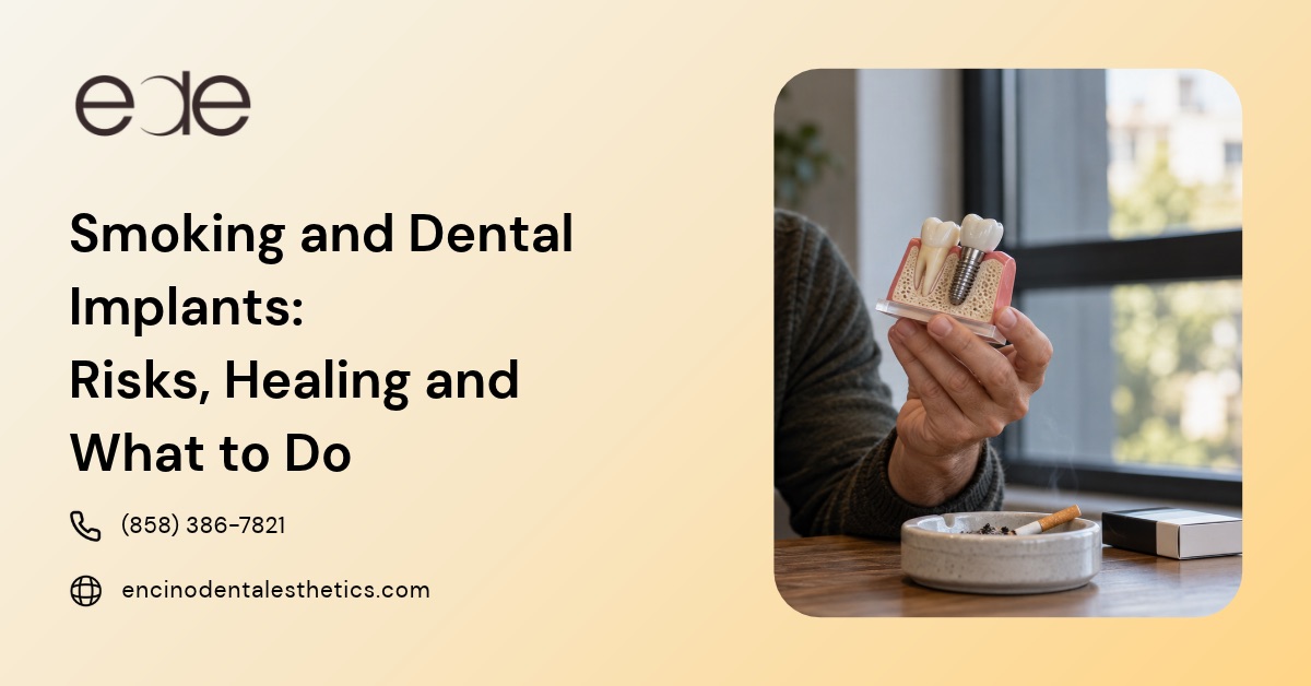 Person holding a dental implant model beside an ashtray with a cigarette.