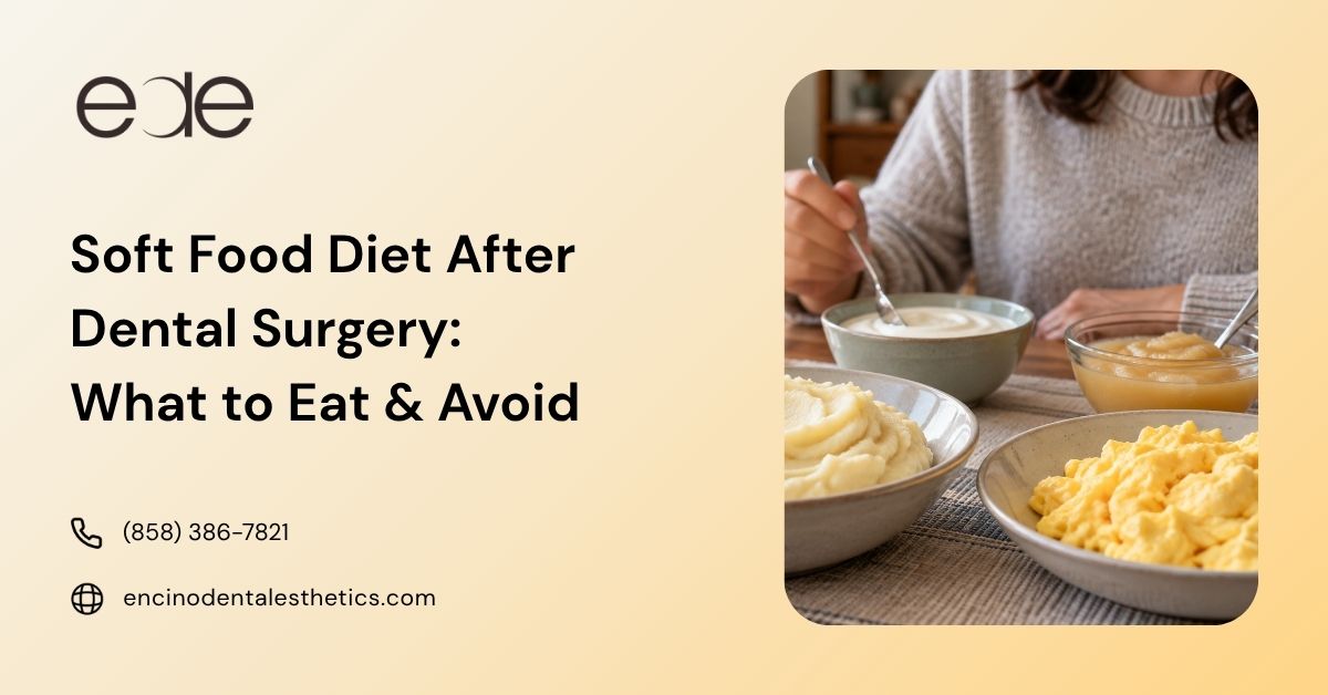 Soft foods including mashed potatoes, scrambled eggs, and yogurt after dental surgery.