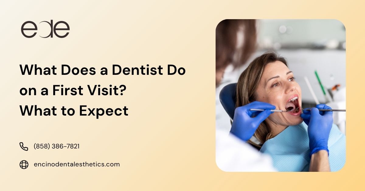 Patient receiving a dental examination during her first visit to the dentist.