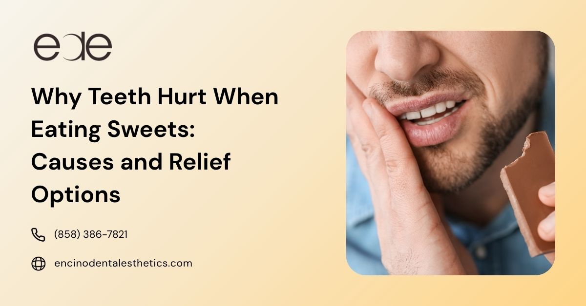Person experiencing sharp tooth sensitivity while eating chocolate or sweets